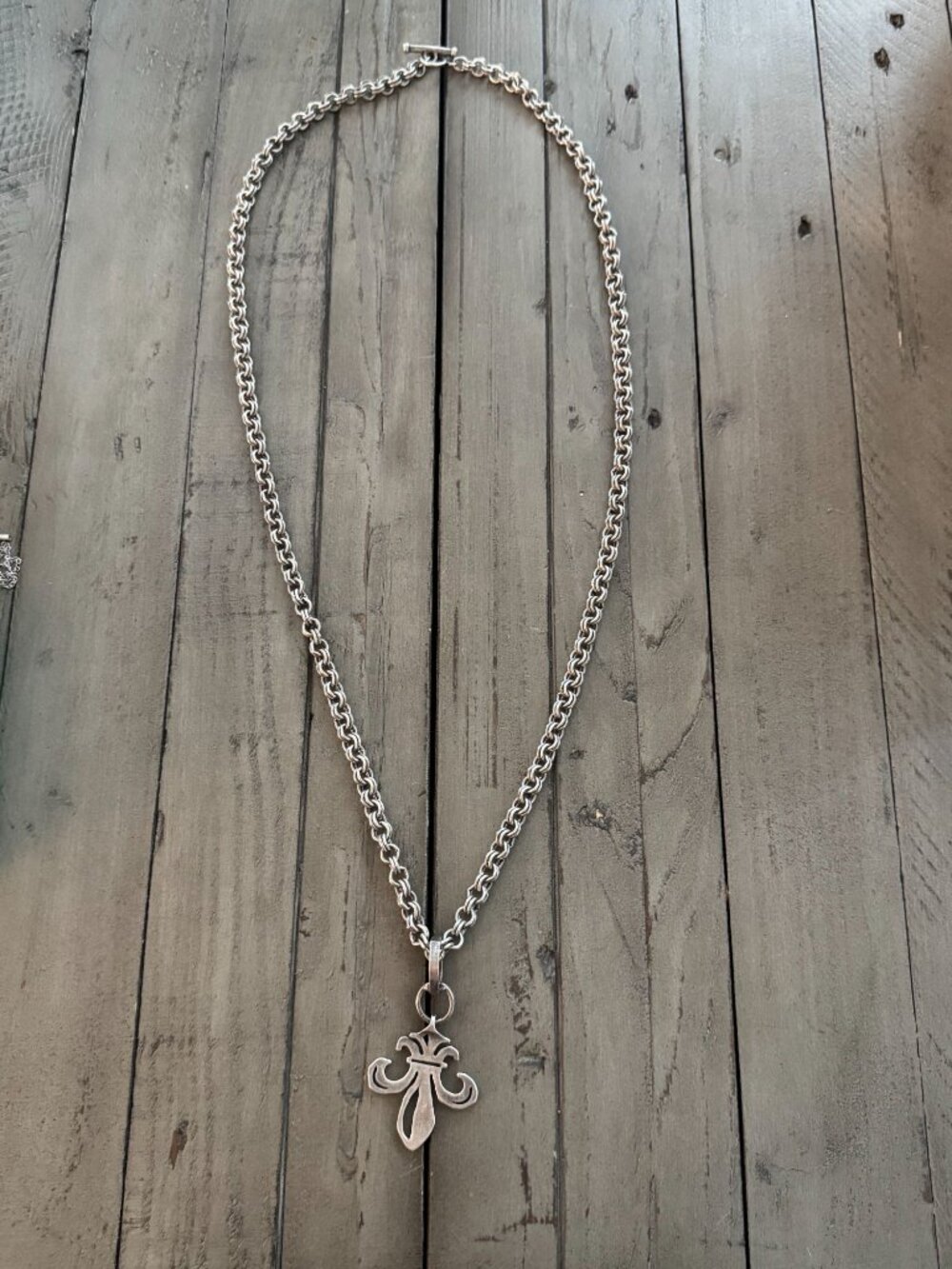 FRENCH KANDE Fleur De Lis Pendant Chain Long Necklace Silver